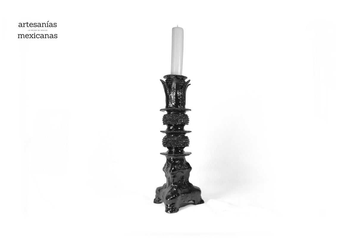 Set de 3 Candeleros negros con hojas - Barro vidriado