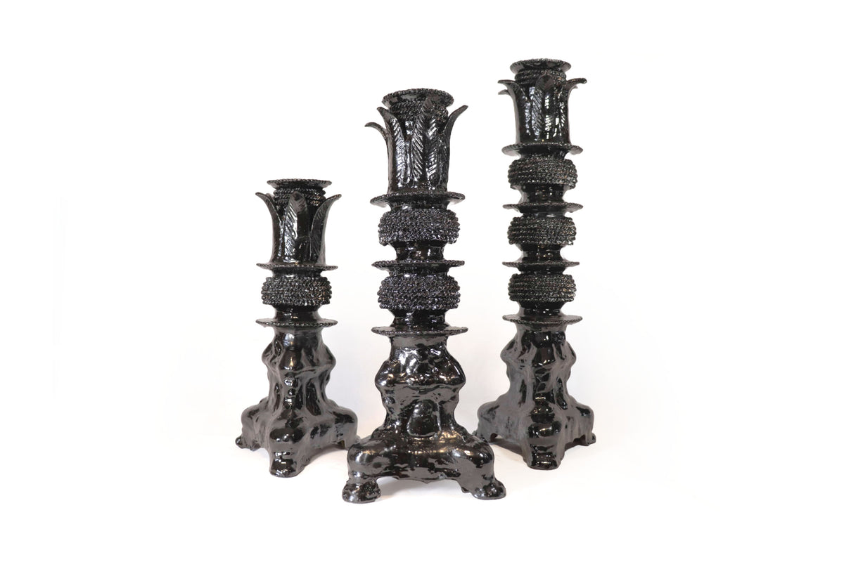 Set de 3 Candeleros negros con hojas - Barro vidriado