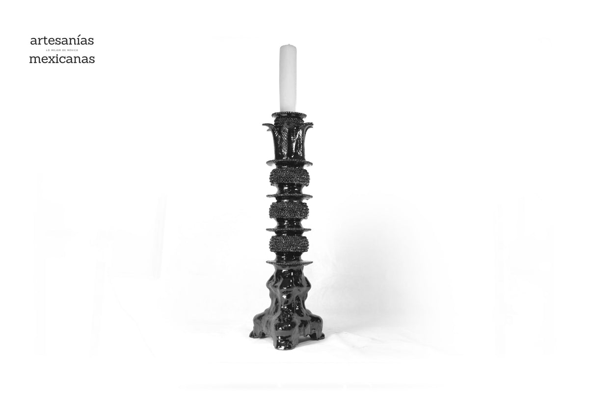 Set de 3 Candeleros negros con hojas - Barro vidriado