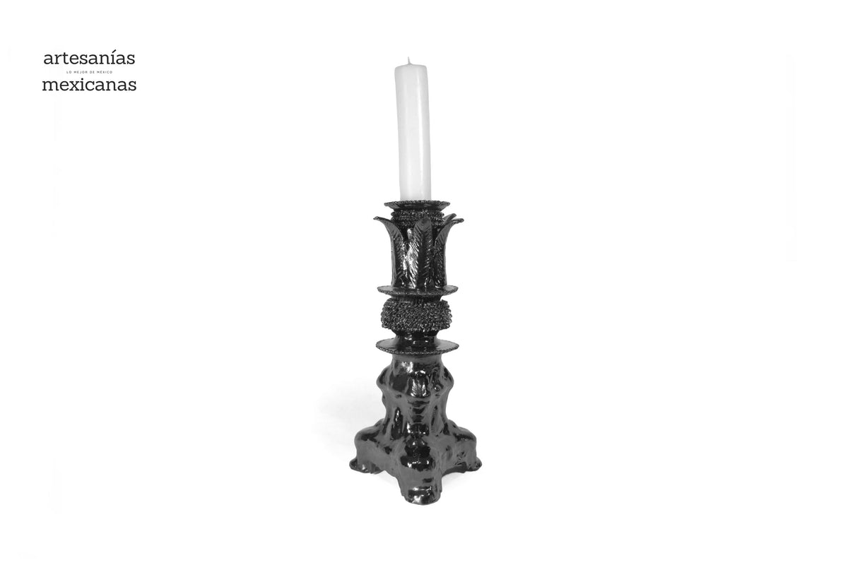 Set de 3 Candeleros negros con hojas - Barro vidriado