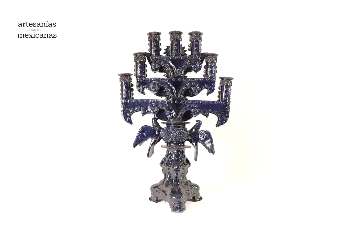 Candelero azul de 7 velas - Barro vidriado - 70 cm. 28 in.