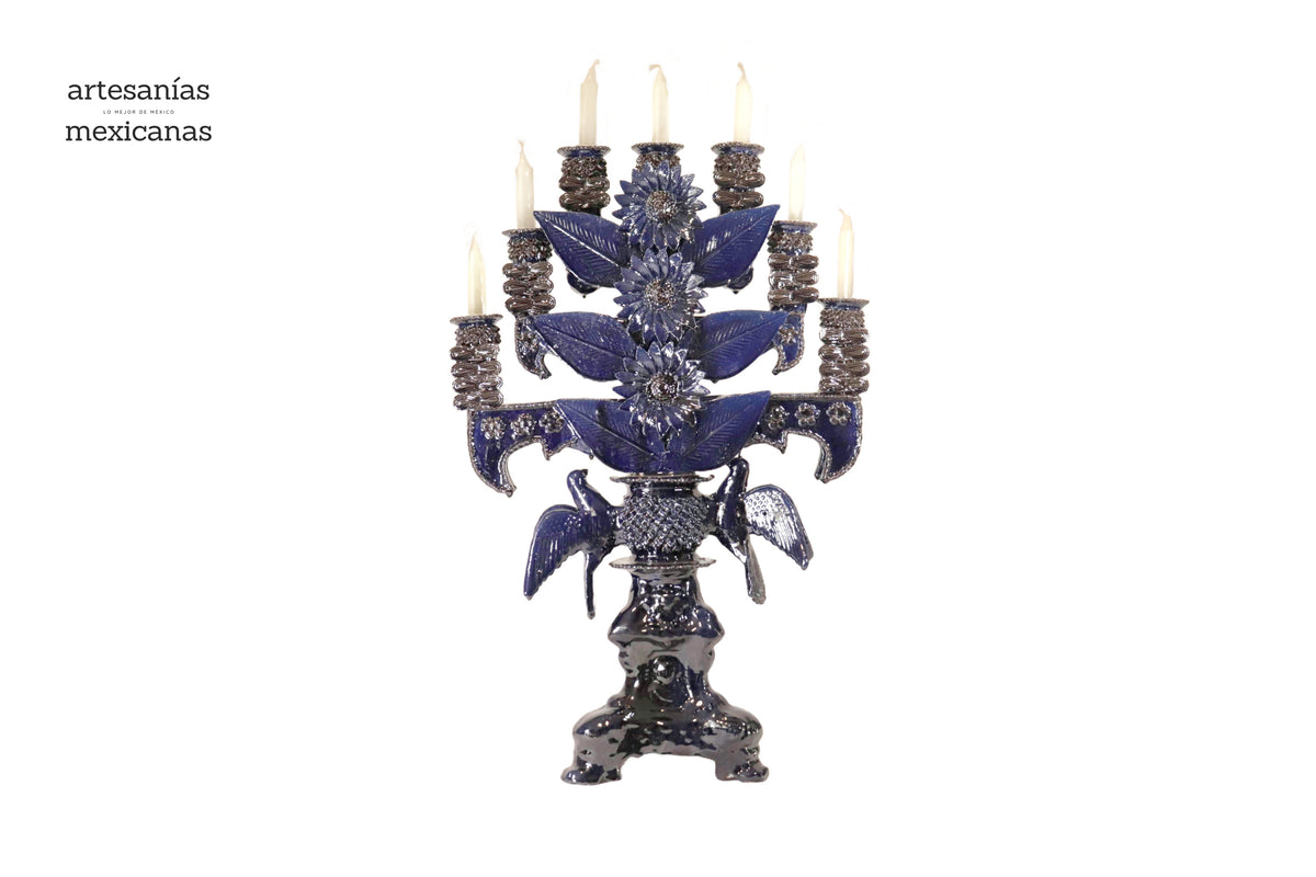 Candelero azul de 7 velas - Barro vidriado - 70 cm. 28 in.