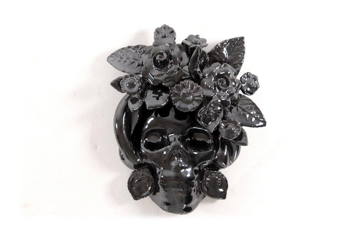 Calavera negra chica de pared I - Barro vidriado - 14.5 cm. 5.7 in.